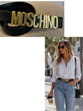 Moschino Genuine Leather Logo Belt Gold Buckle Black Size 44 Designer
